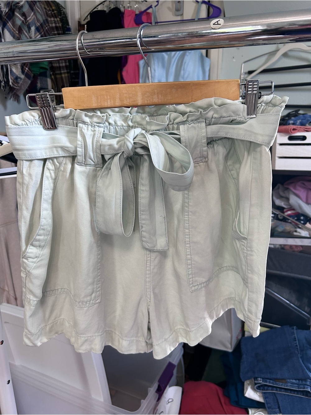 Time and Tru High-Waist Paperbag Shorts in Light Sage